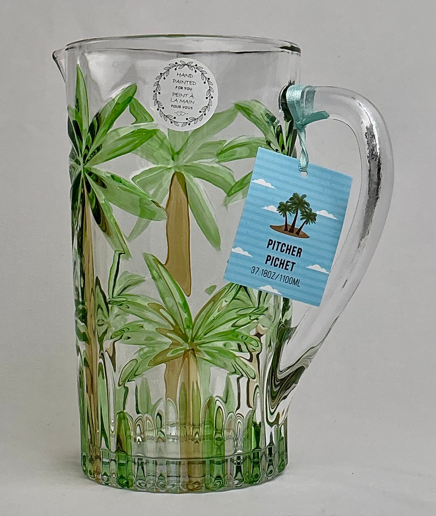 Retro Hand-Painted Tropical Palm Tree Glassware Set- 50fl oz- Pitcher & 4 or 6 Highball Glasses