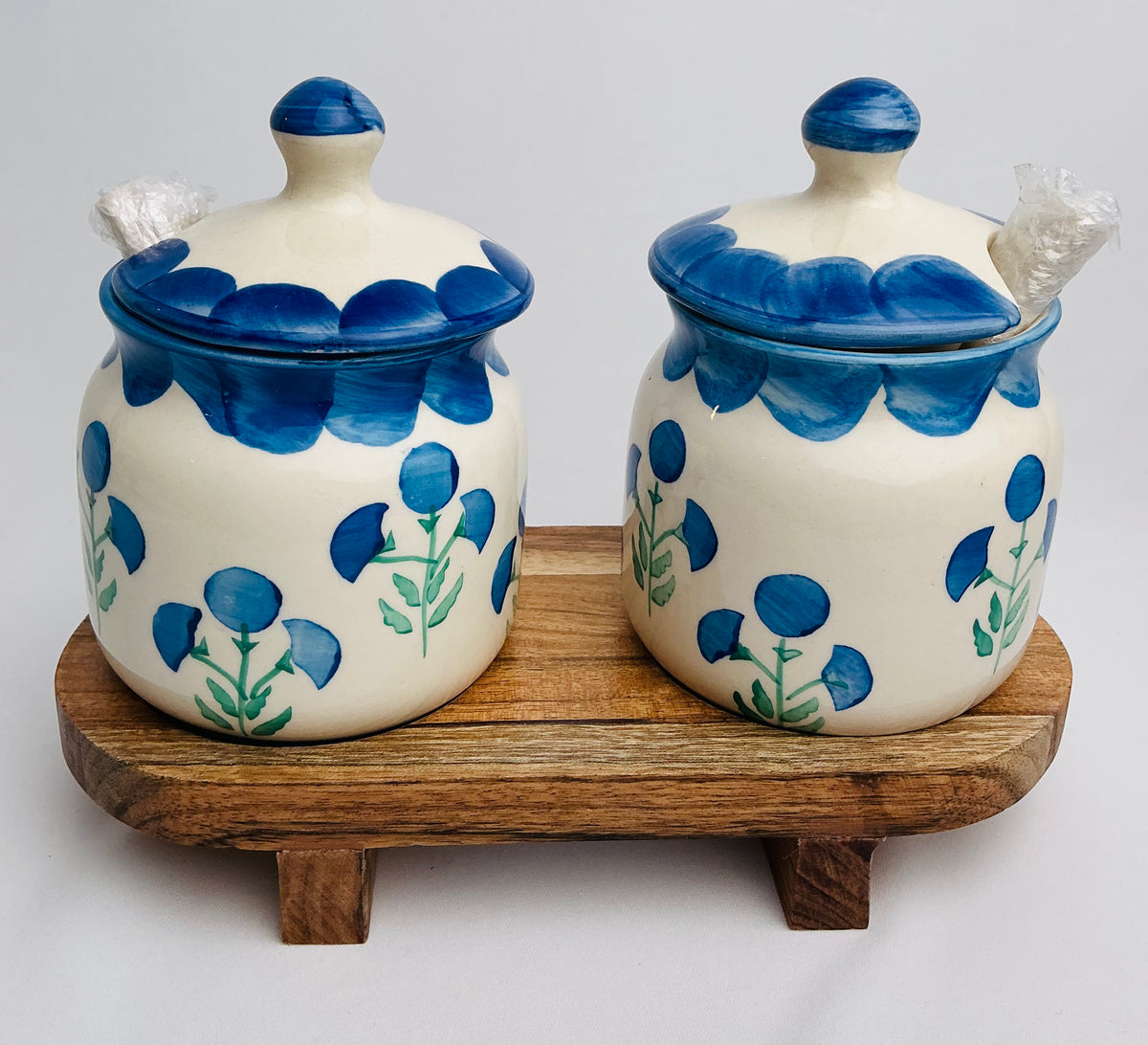 Pair of Hand-Painted Barni/pickle Jars w/ Spoons part of the World Traveler Collection ( multiple Designs)