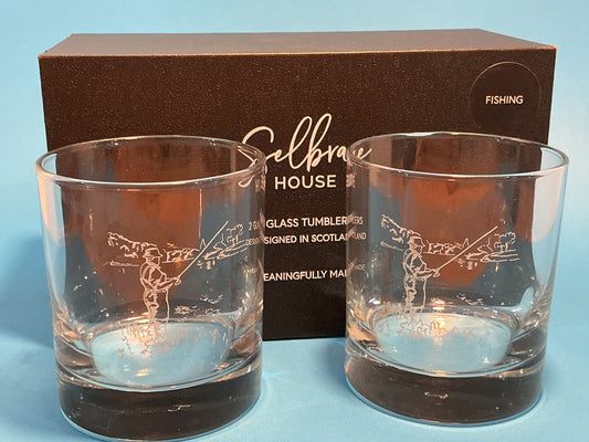 Selbrae House glass tumblers with Fishing Themed Etching of a person fly fishing set of 2 made in Scotland