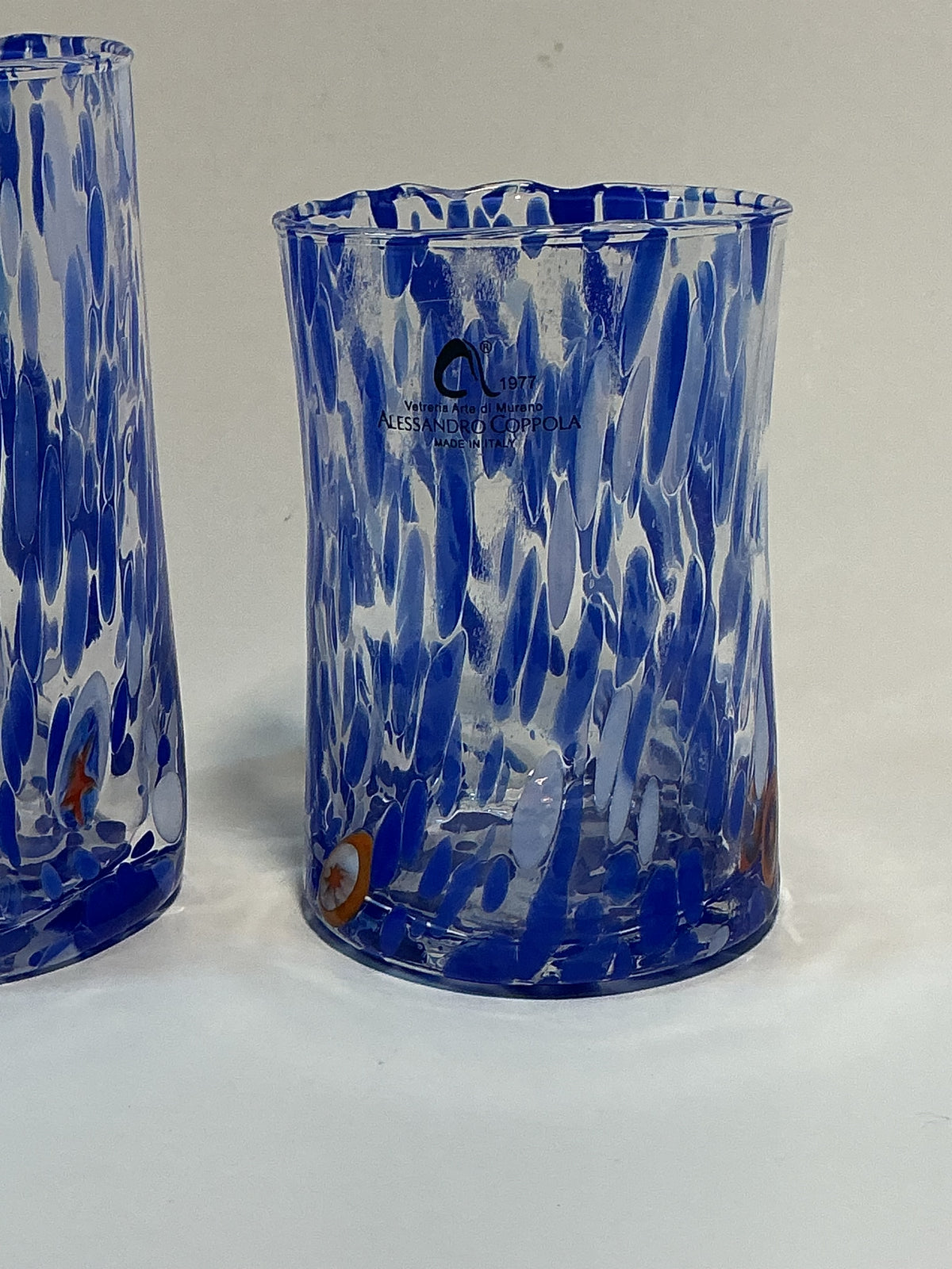 Set of 2 Arte Di Murano blue,multicolored Tumblers by Alessandro Coppola 16oz&10oz Made in Italy