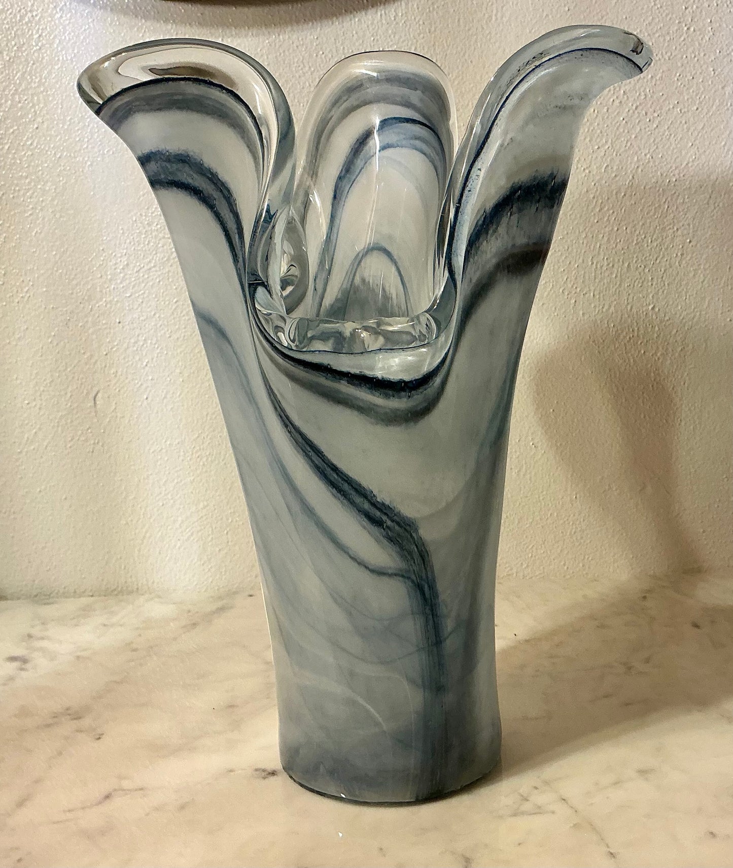 Murano Art Glass Vase Ruffled Blue 10.5”Tall Italy. Hand Blown
