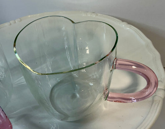 BKLYN Steel Novelty Collection set of 2 glass heart mugs w/ pink handles-14oz-