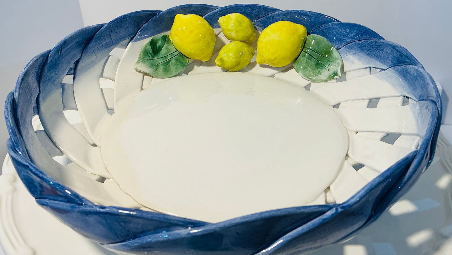 Lanzarin Italian Majolica Lemon Serving Bowl ,Handcrafted Ceramic Fruit Dish w/ Blue Rim