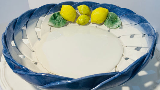 Lanzarin Italian Majolica Lemon Serving Bowl ,Handcrafted Ceramic Fruit Dish w/ Blue Rim