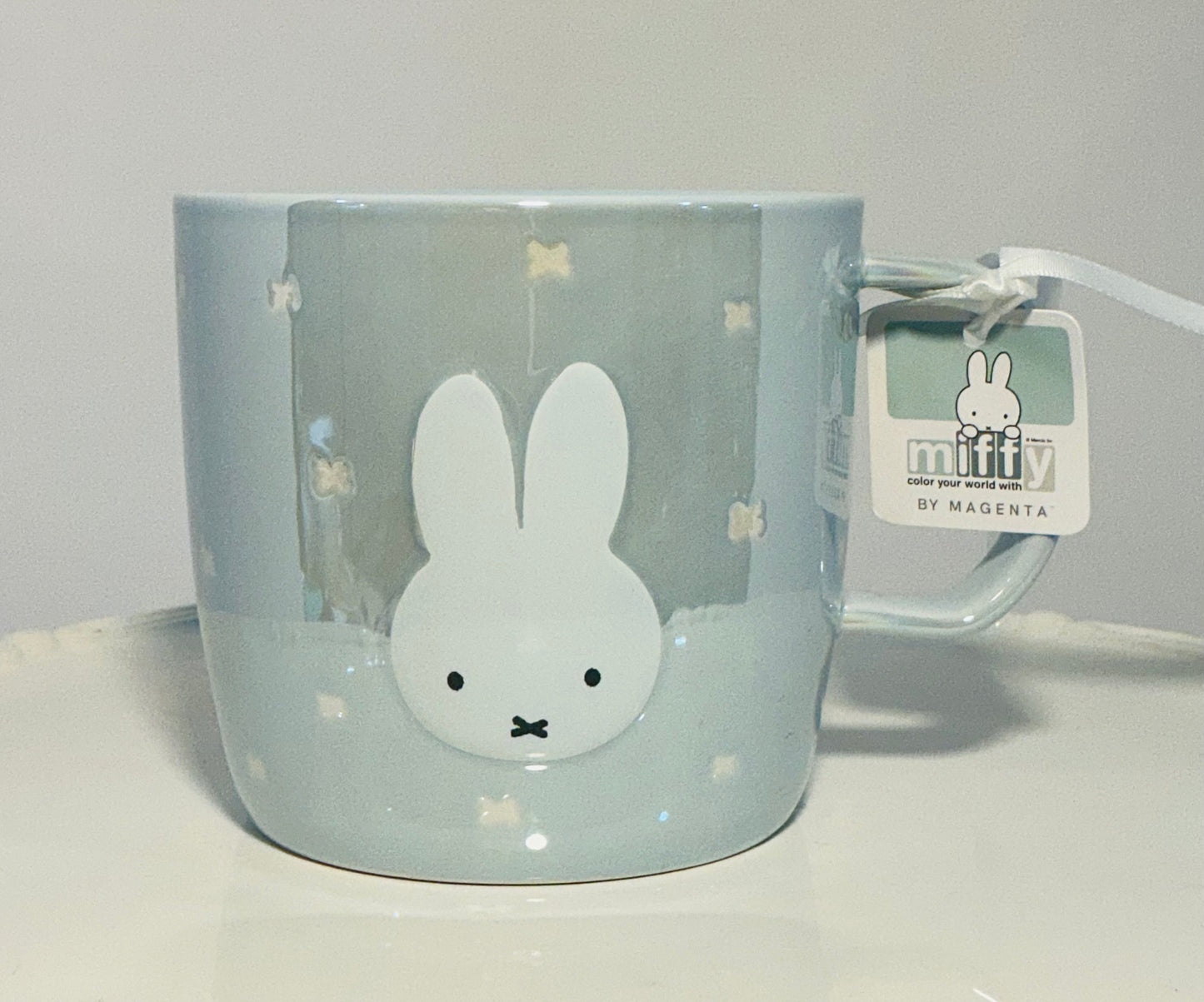MIFFY By Magenta Bunny Rabbit Iridescent baby blue 18oz large ceramic mug.