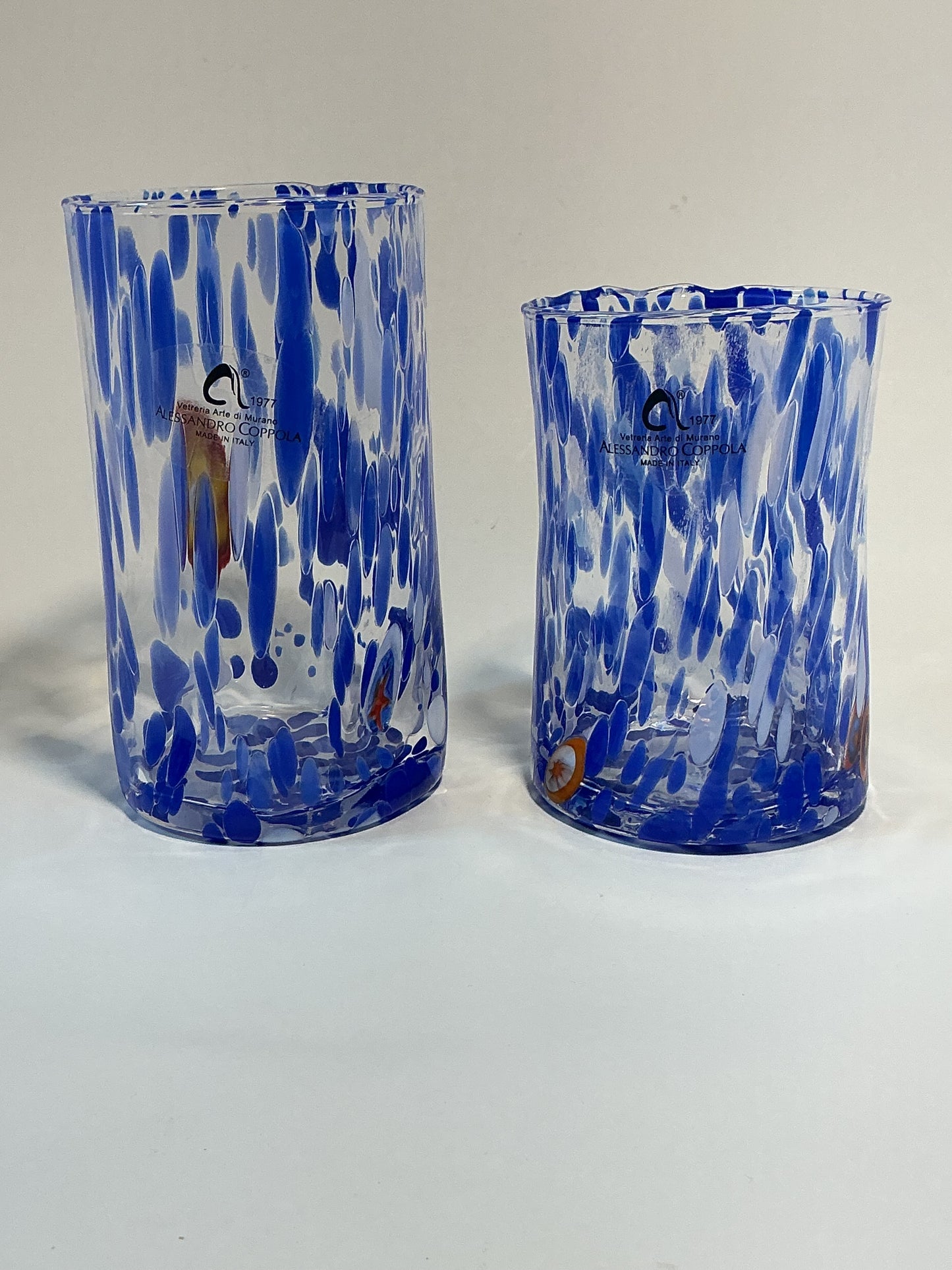 Set of 2 Arte Di Murano blue,multicolored Tumblers by Alessandro Coppola 16oz&10oz Made in Italy