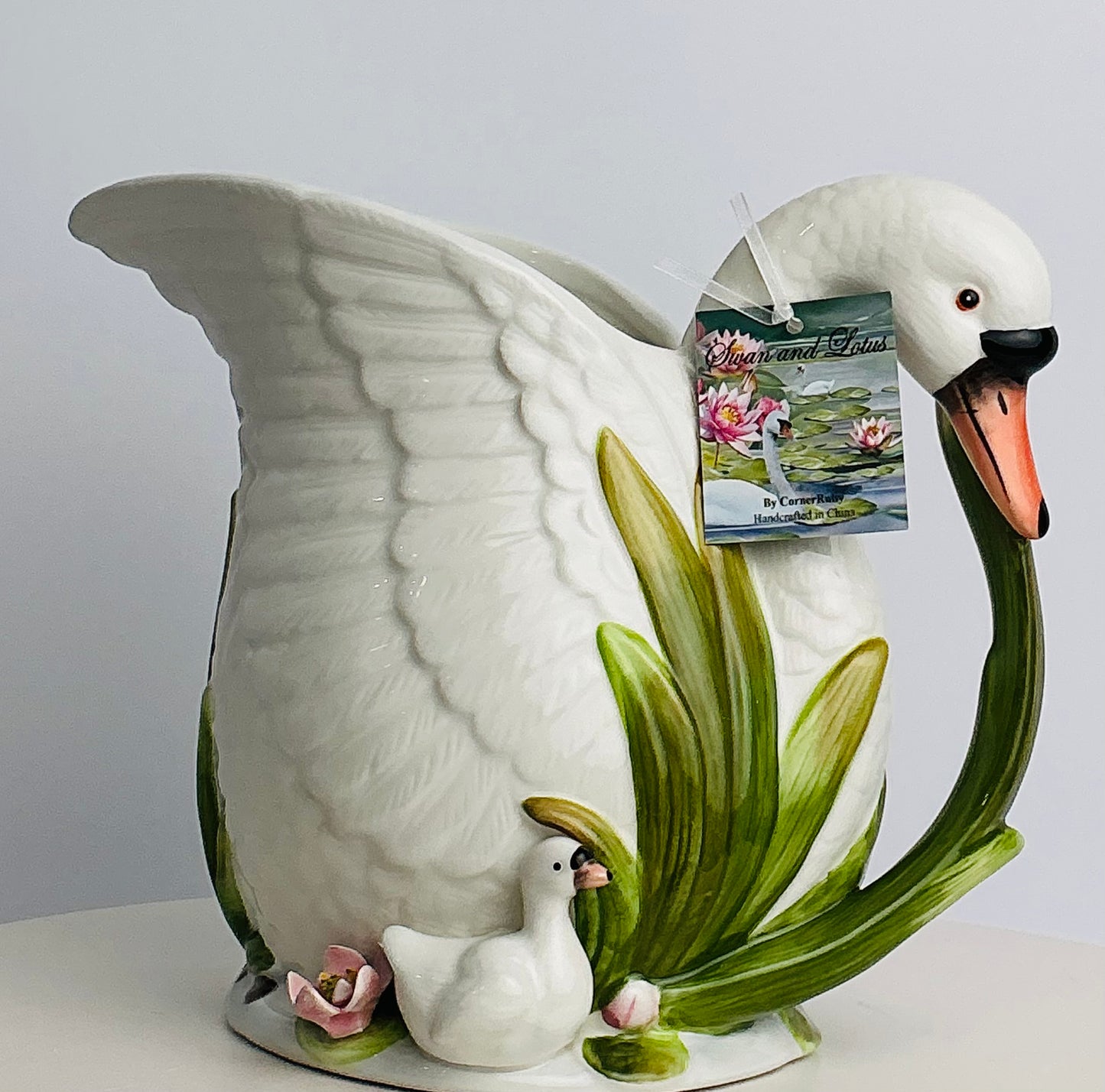 CornerRuby Swan and Lotus Ceramic Figurine – Handcrafted Pitcher & Tureen