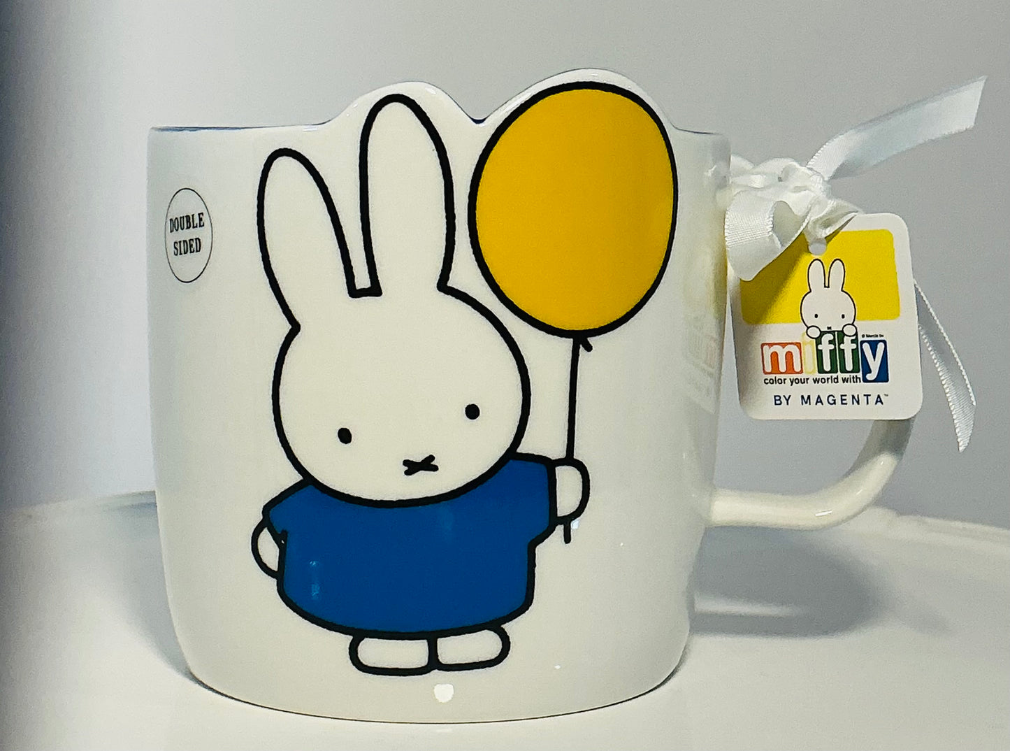 MIFFY By Magenta Bunny Rabbit holding a balloon 18oz large ceramic mug w/Blue interior