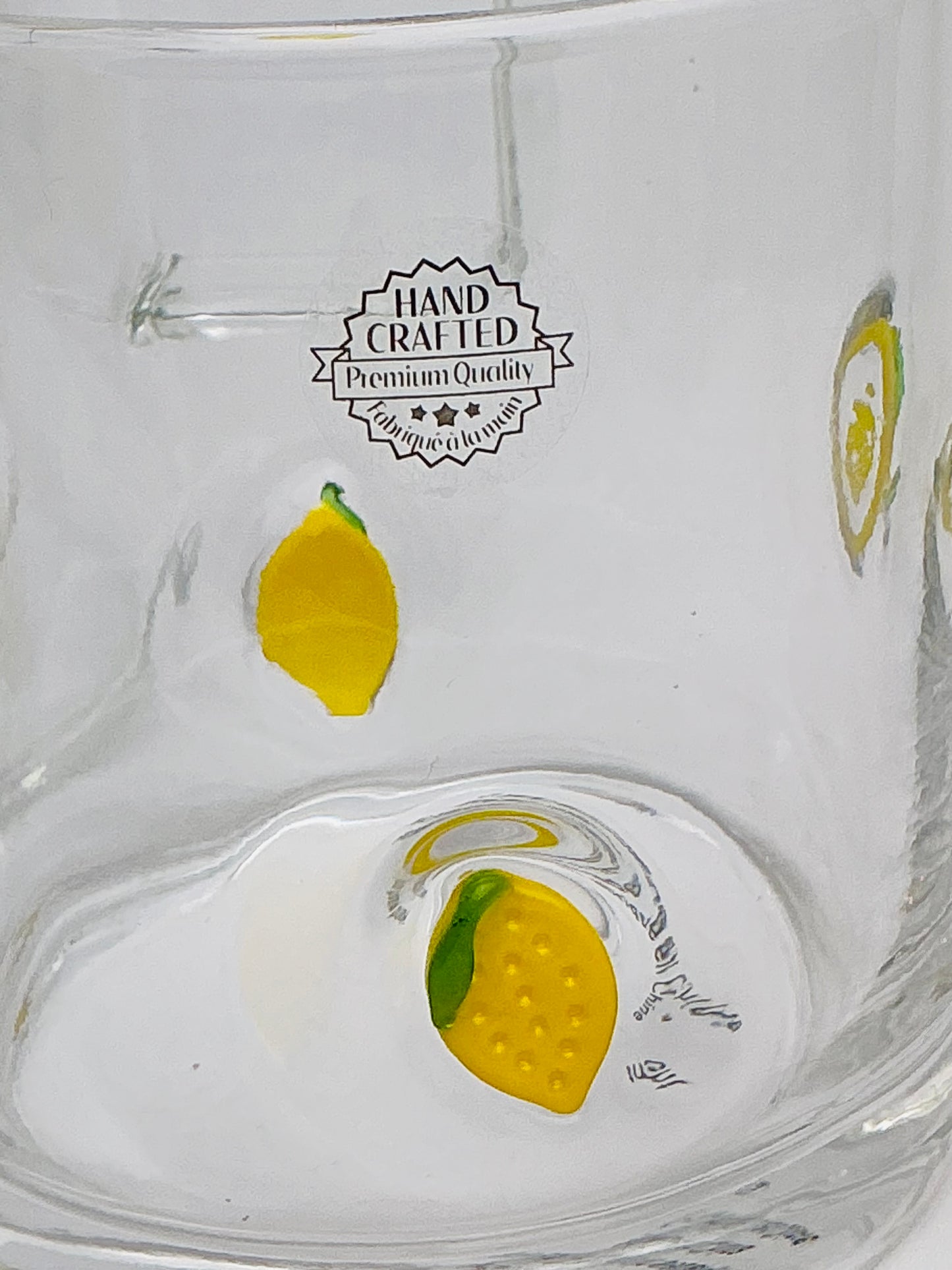 Anthropologie Dupe set of 3 including a Pitcher(7..75”)& 2 Tumblers lemon design, vintage