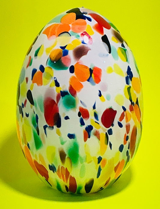 Zorza Egg Shaped with multicolored murrine inclusions , hand blown in Poland 7”x4” Tea-light. Made in Poland