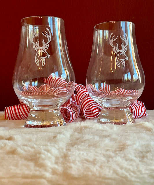 Set Of 2 Glencairn Whiskey Tasting Glasses Deer Head