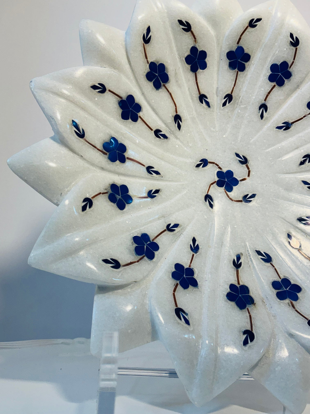 Lotus Inlay Marble Plate or Kamal Plate 9” Hand-Carved White Marble Bowl with Floral Lapis & Semi-Precious Stone Inlay Made in India