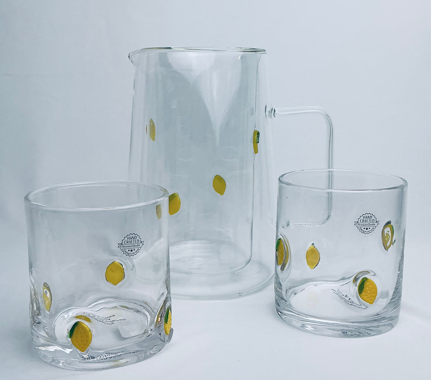 Anthropologie Dupe set of 3 including a Pitcher(7..75”)& 2 Tumblers lemon design, vintage