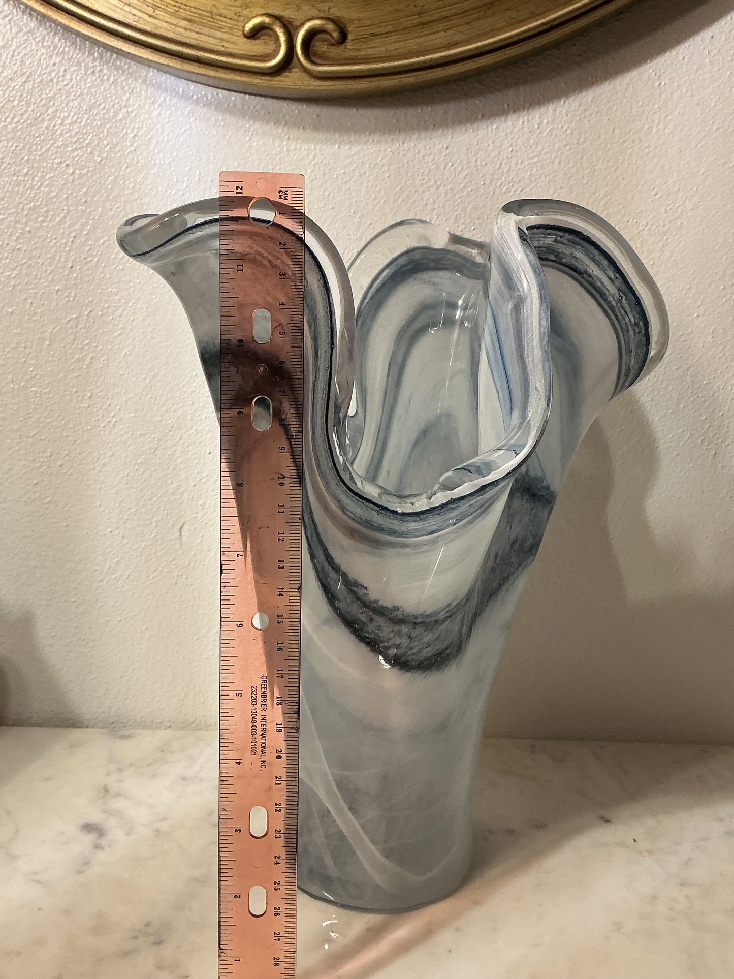 Murano Art Glass Vase Ruffled Blue 10.5”Tall Italy. Hand Blown