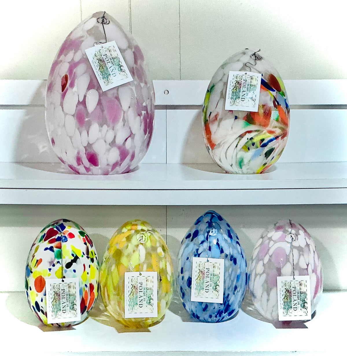 Zorza Egg Shaped with multicolored murrine inclusions , hand blown in Poland 7”x4” Tea-light. Made in Poland