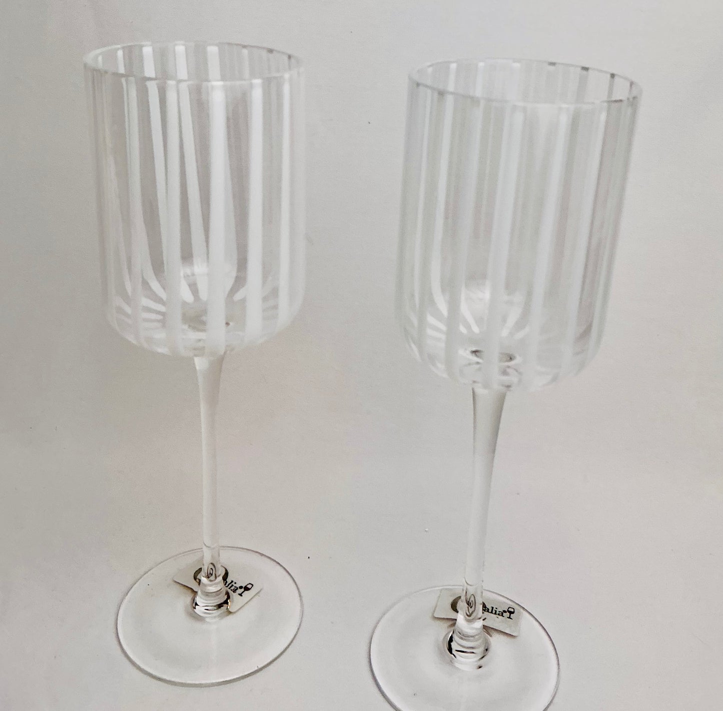 Qualia Glass Blue Striped “Posh” Wine Glasses-Set of 2- Hand-Blown Crystal 9”H