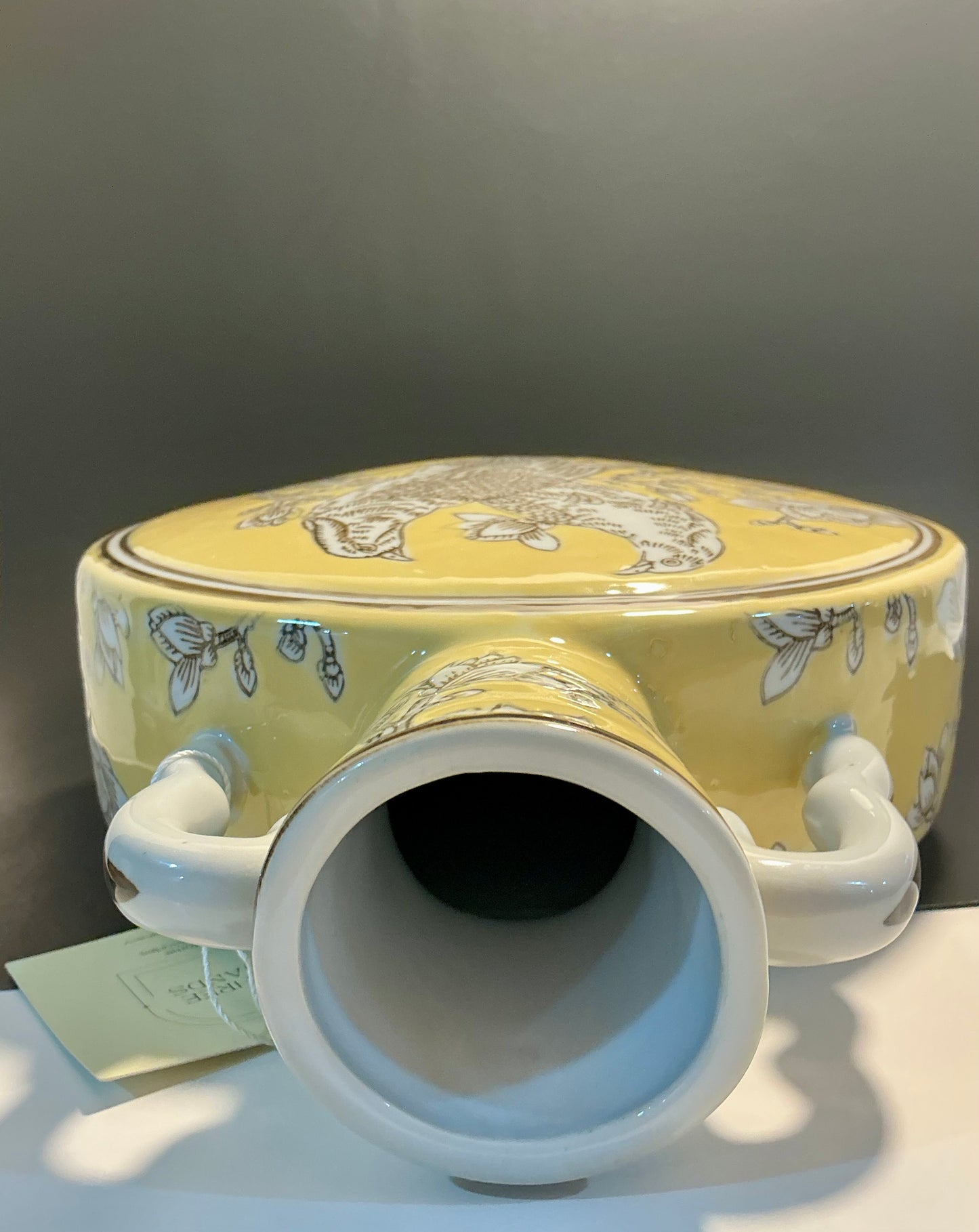 Three Hands Yellow Chinoiserie Bird & Floral Moon Flask Vase, double handled, hand painted vintage