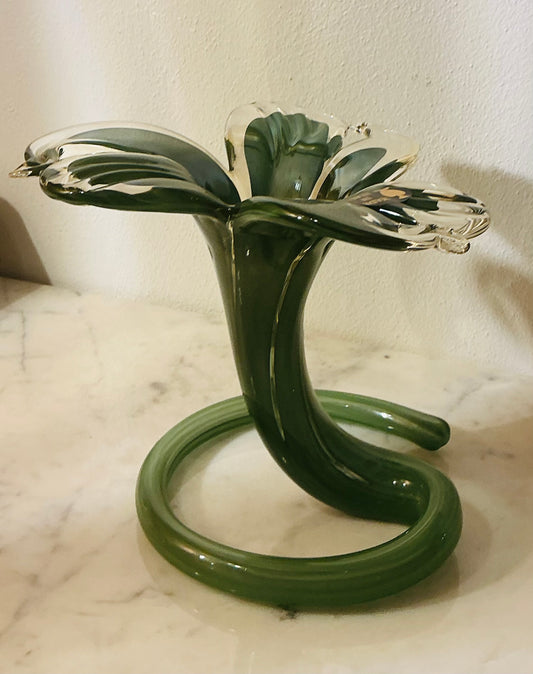 Murano Art Glass Green Stand Up Flower 6.6” Tall