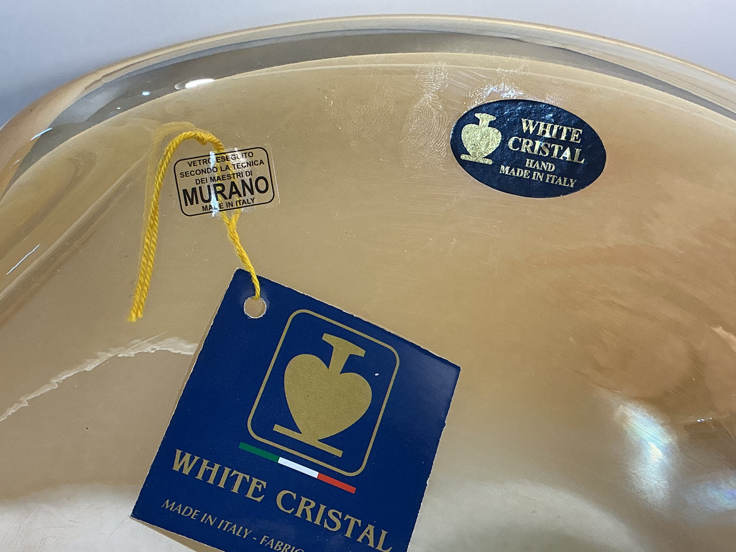 Vintage Murano "White Crystal " centerpiece bowl made in Italy, handcrafted design and signature labels, 11”x3.5”