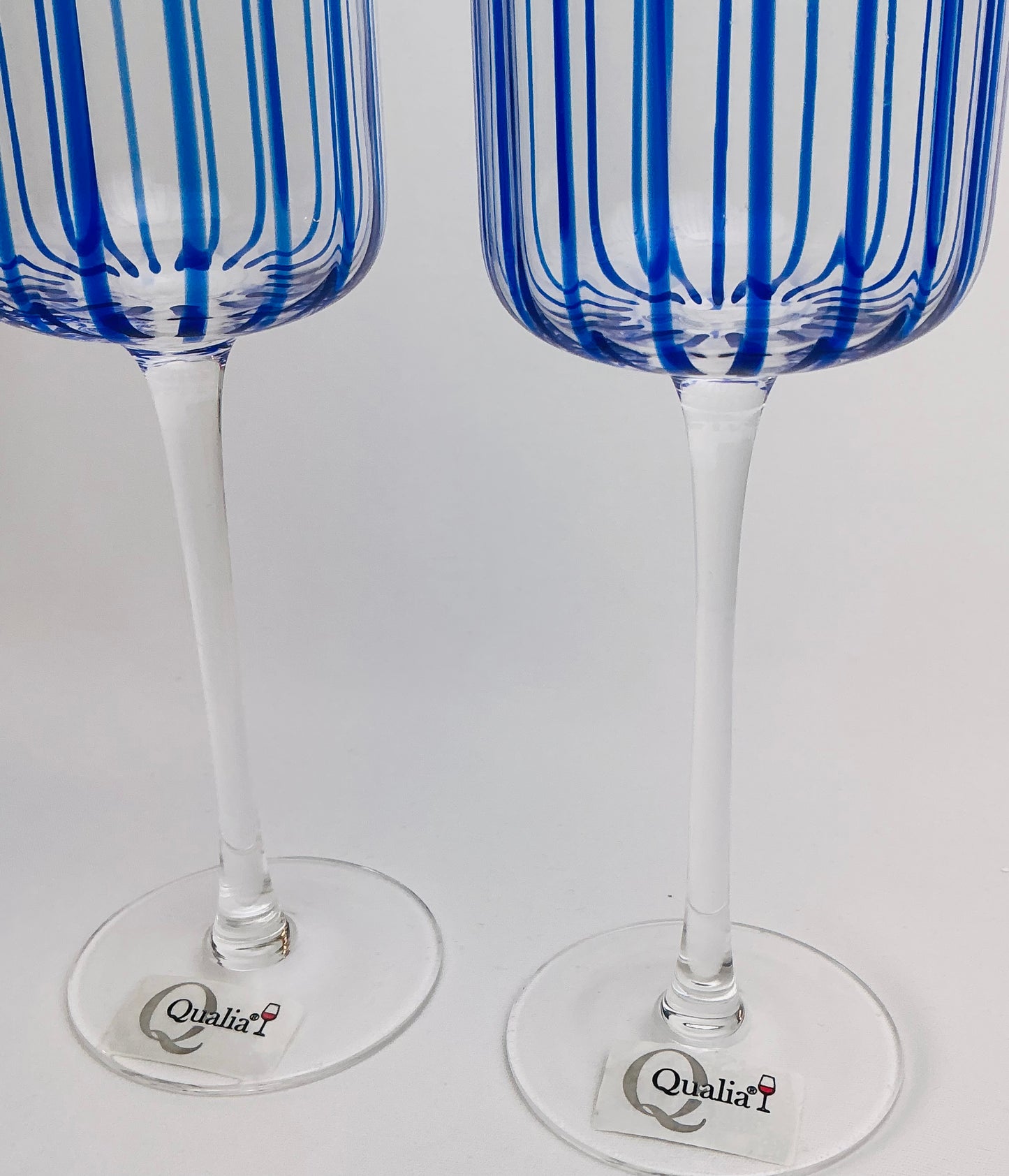 Qualia Glass Blue Striped “Posh” Wine Glasses-Set of 2- Hand-Blown Crystal 9”H