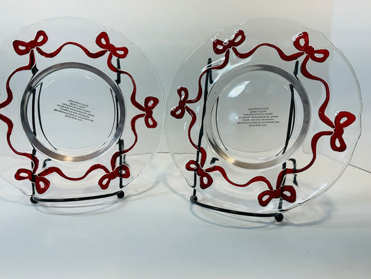 Set of 2 Coquette Red Bow Border Salad/Dessert Glass Plates 7.5”