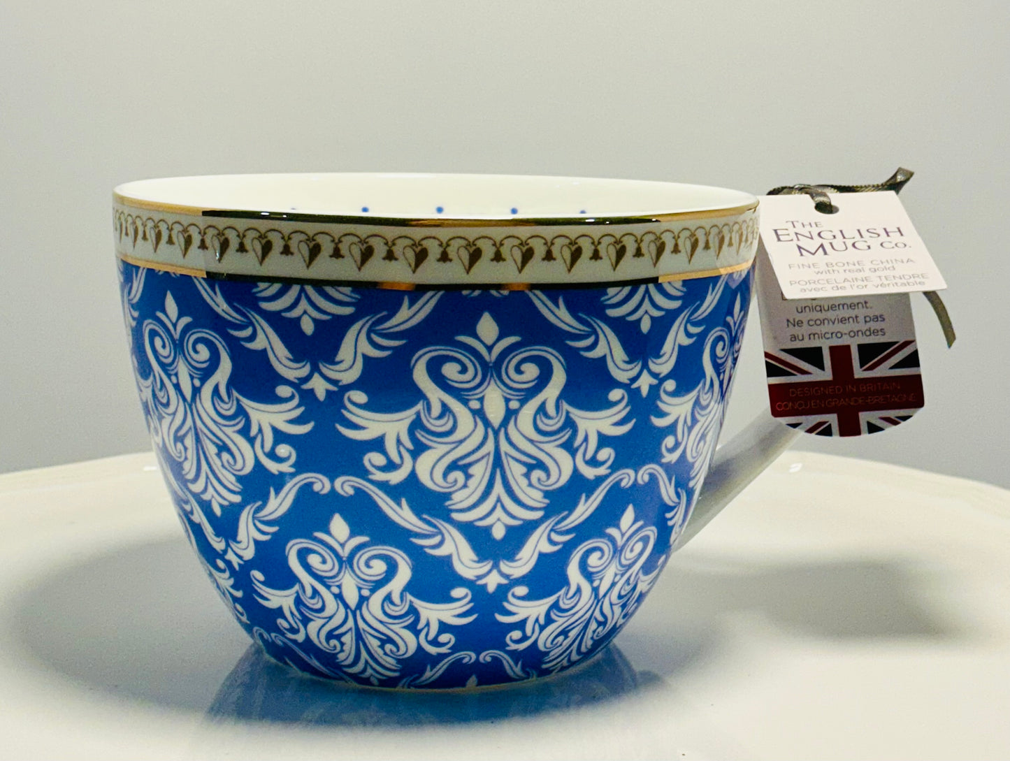 The English Mug co.Old Pottery Bone In China Blue Gold Boho Design