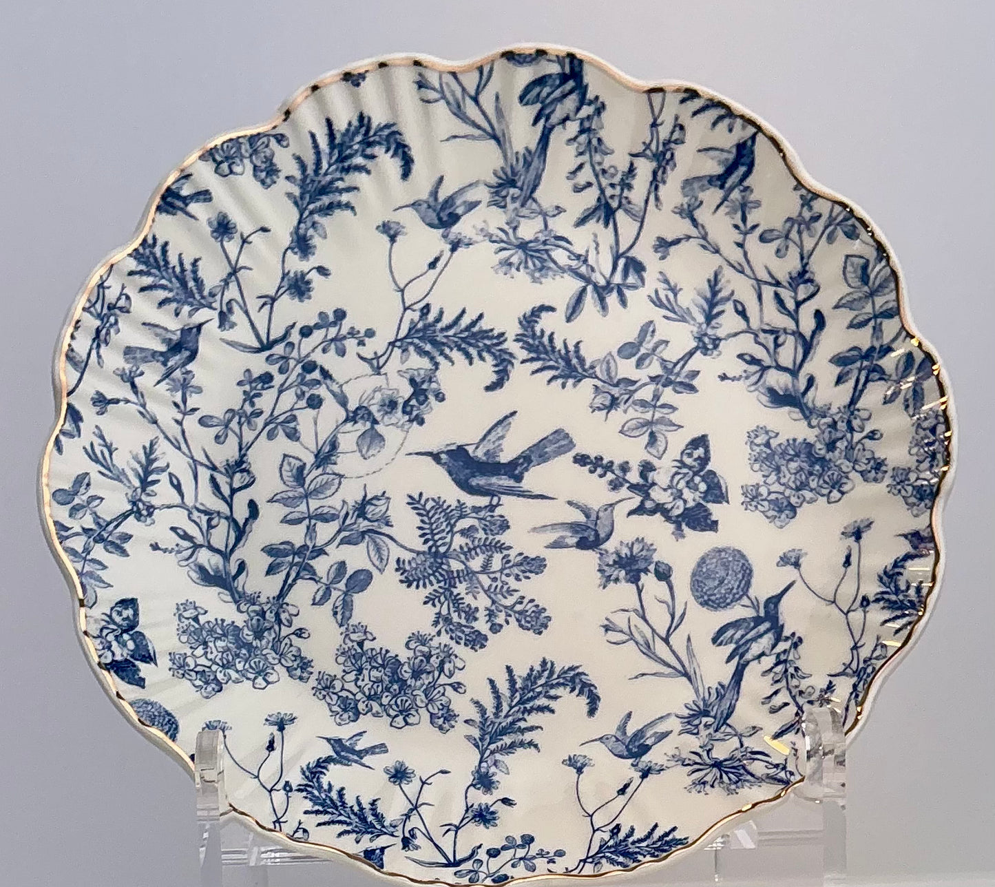 Grace Teaware Blue & White Botanical Bird Toile Dinner or Salad/Dessert Plate – Fine Porcelain