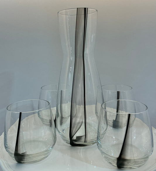Royal Leedarm Ebony Decanter and Water Glass Set , characterized by a Unique Black Waves Design, carafe and 4 drinking glasses 12.5oz