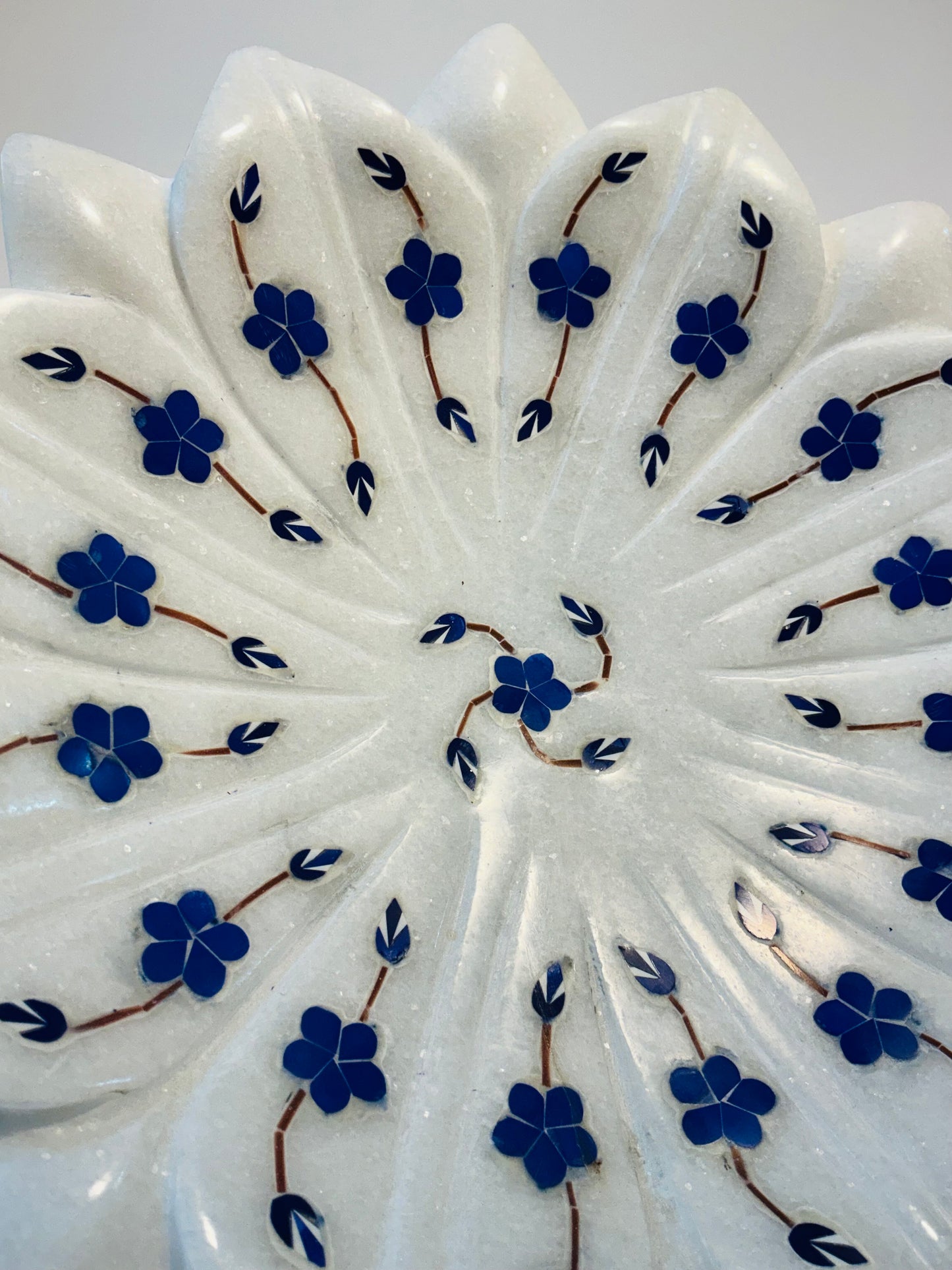 Lotus Inlay Marble Plate or Kamal Plate 9” Hand-Carved White Marble Bowl with Floral Lapis & Semi-Precious Stone Inlay Made in India