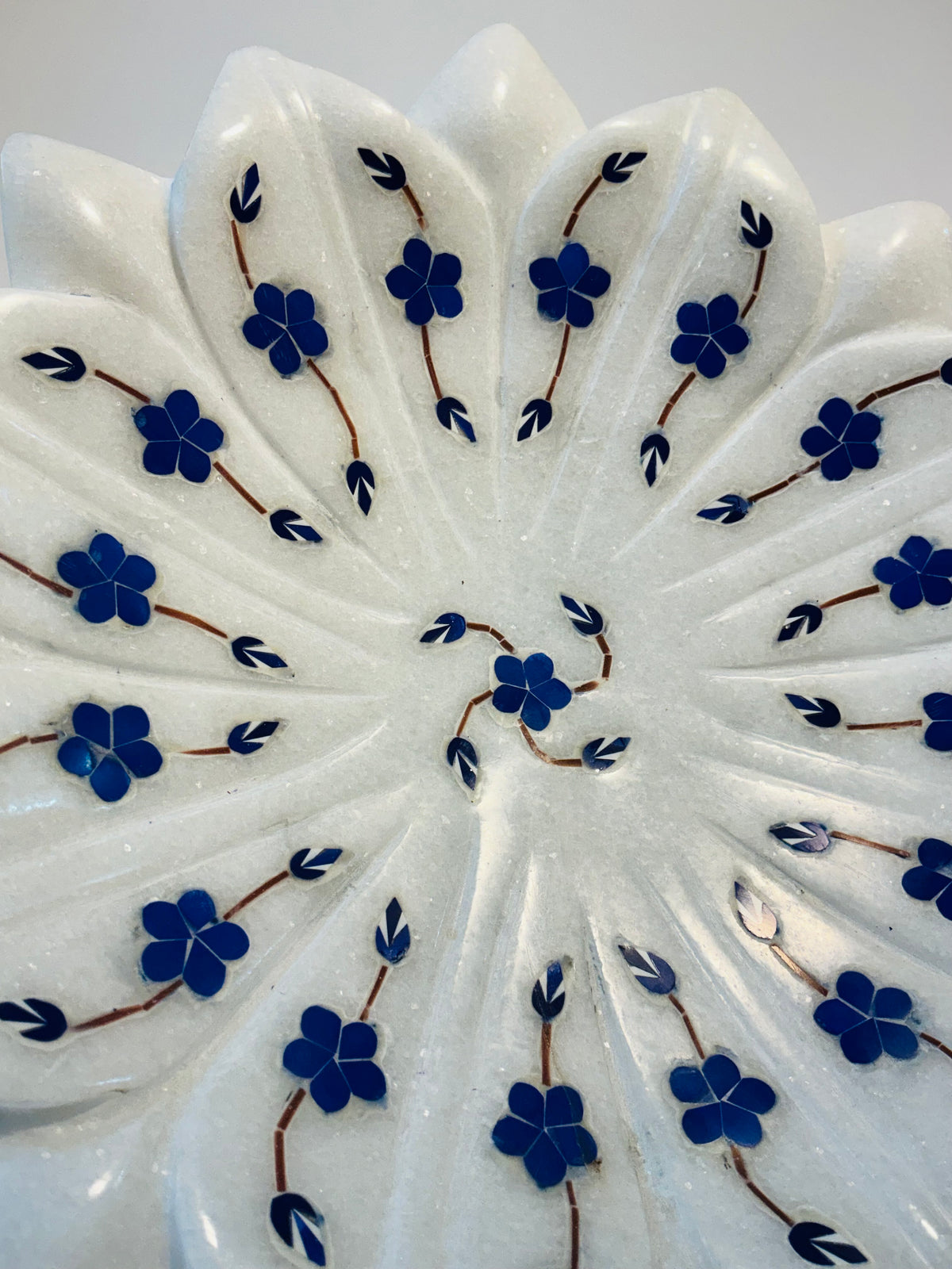 Lotus Inlay Marble Plate or Kamal Plate 9” Hand-Carved White Marble Bowl with Floral Lapis & Semi-Precious Stone Inlay Made in India