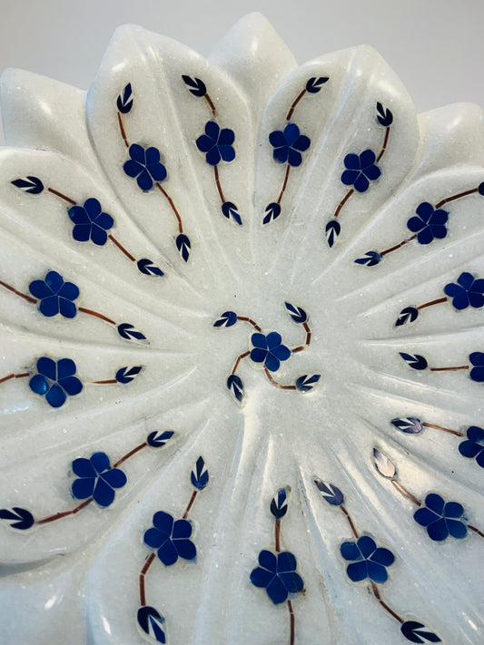 Lotus Inlay Marble Plate or Kamal Plate 9” Hand-Carved White Marble Bowl with Floral Lapis & Semi-Precious Stone Inlay Made in India
