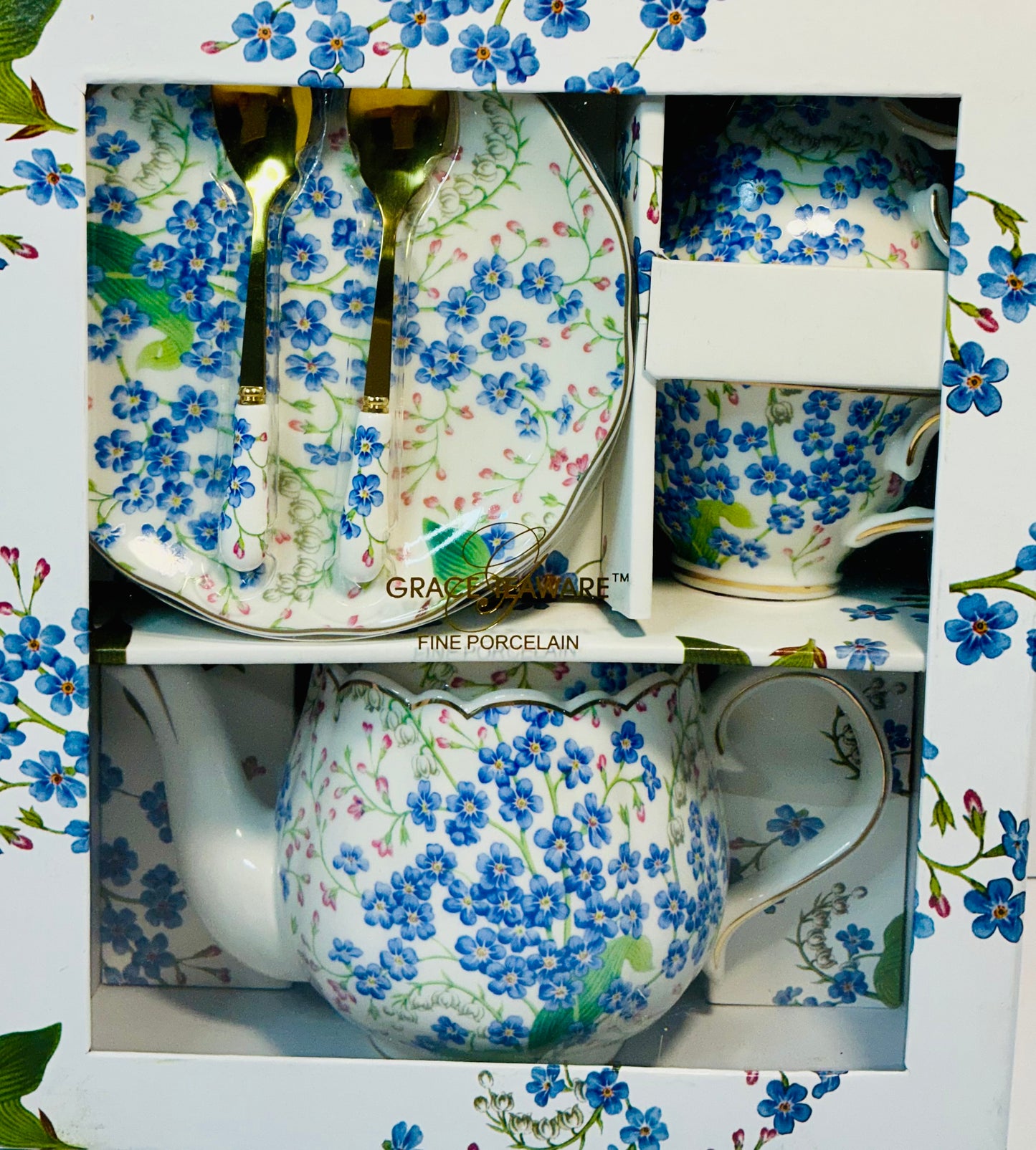 Grace’s Teaware Fine Porcelain 7 pcs Set Blue,Pink Floral