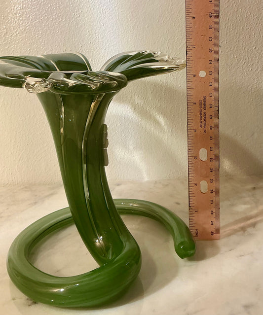 Murano Art Glass Green Stand Up Flower 6.6” Tall