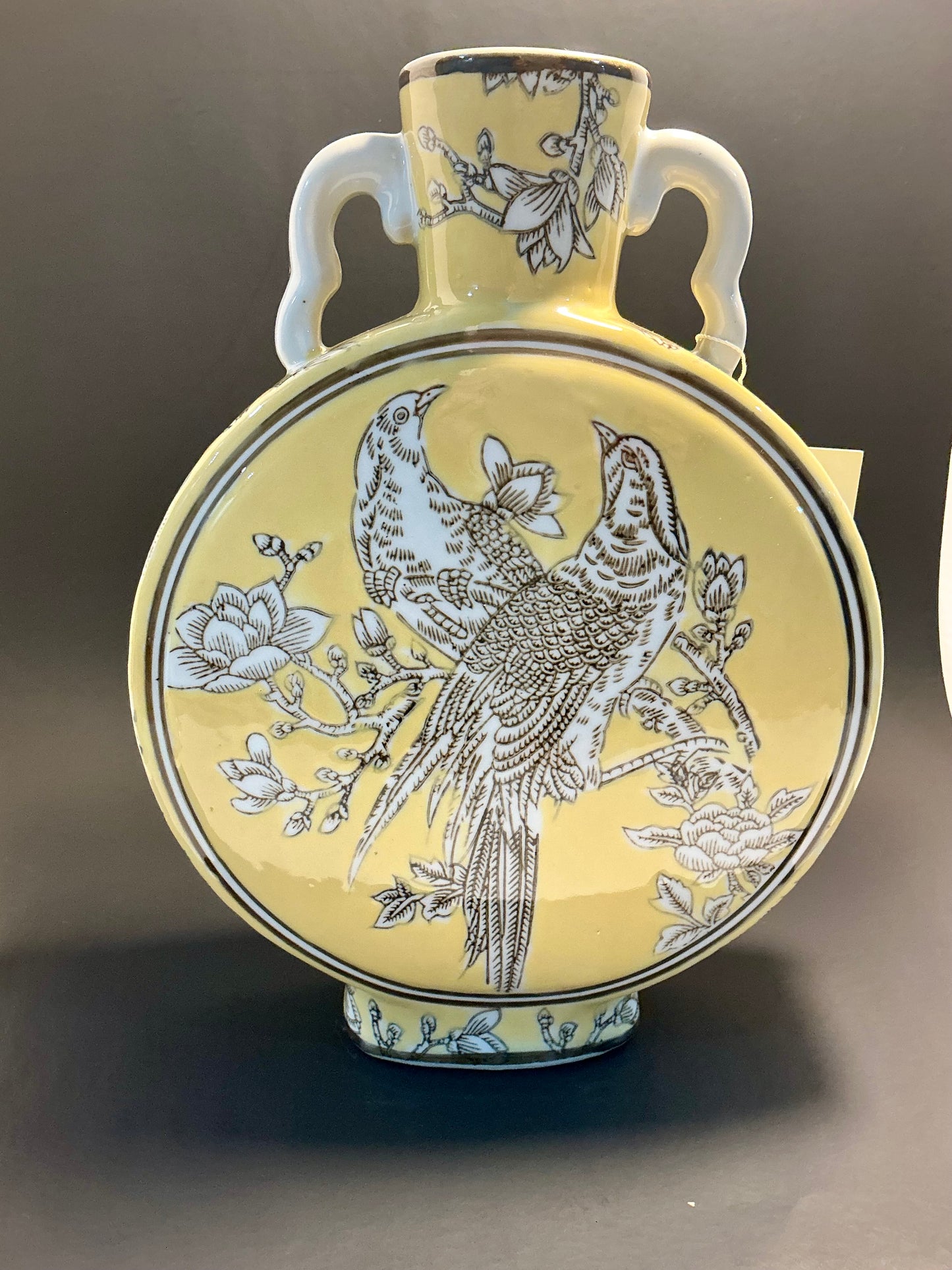 Three Hands Yellow Chinoiserie Bird & Floral Moon Flask Vase, double handled, hand painted vintage