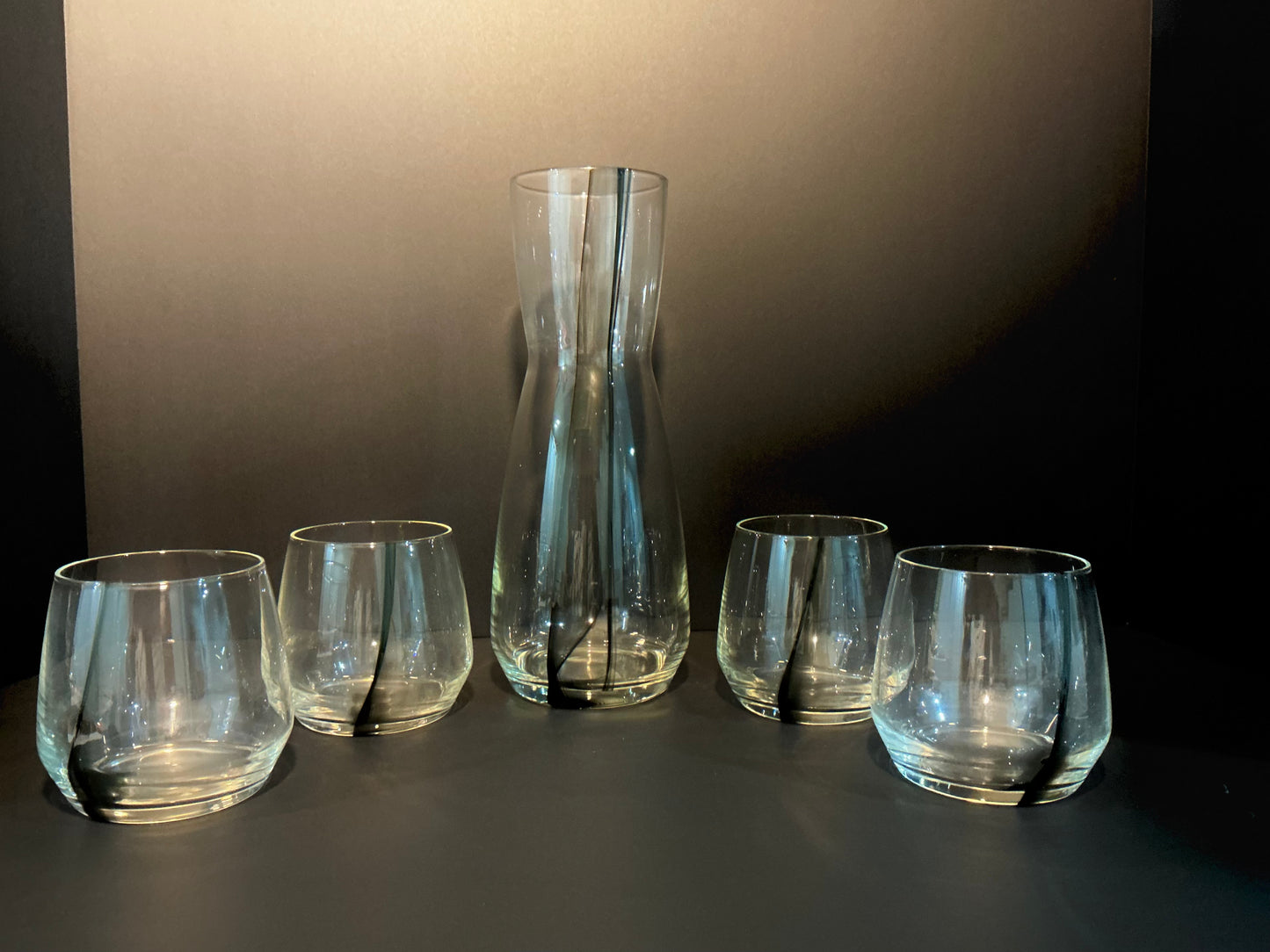 Royal Leedarm Ebony Decanter and Water Glass Set , characterized by a Unique Black Waves Design, carafe and 4 drinking glasses 12.5oz