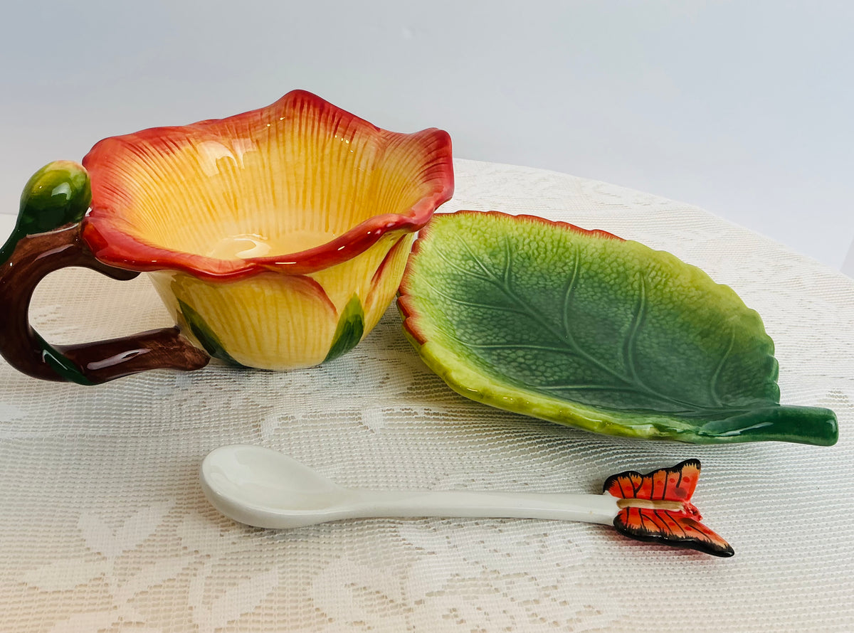 CornerRuby Garden Collection Handcrafted Flower Mug & Teacup Set