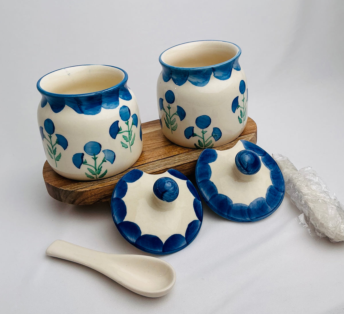 Pair of Hand-Painted Barni/pickle Jars w/ Spoons part of the World Traveler Collection ( multiple Designs)