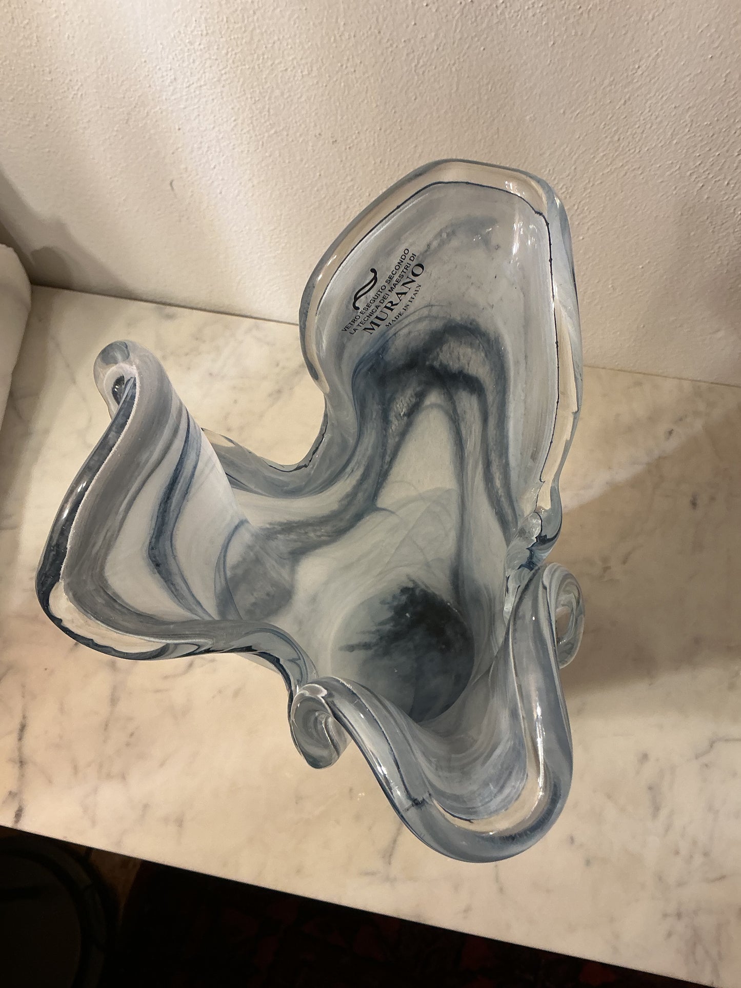 Murano Art Glass Vase Ruffled Blue 10.5”Tall Italy. Hand Blown