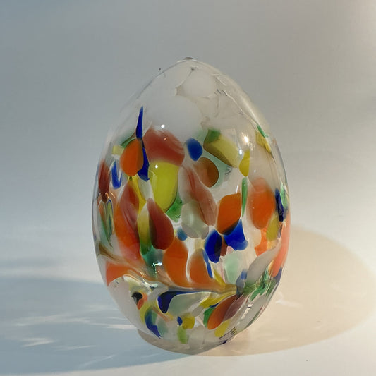 Zorza Egg Shaped with multicolored murrine inclusions , hand blown in Poland 9”x6” Tea-light