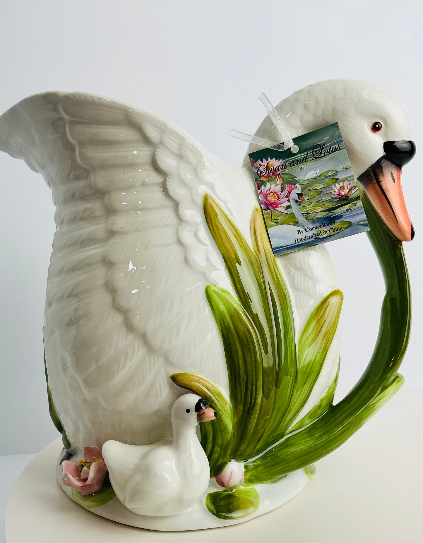 CornerRuby Swan and Lotus Ceramic Figurine – Handcrafted Pitcher & Tureen