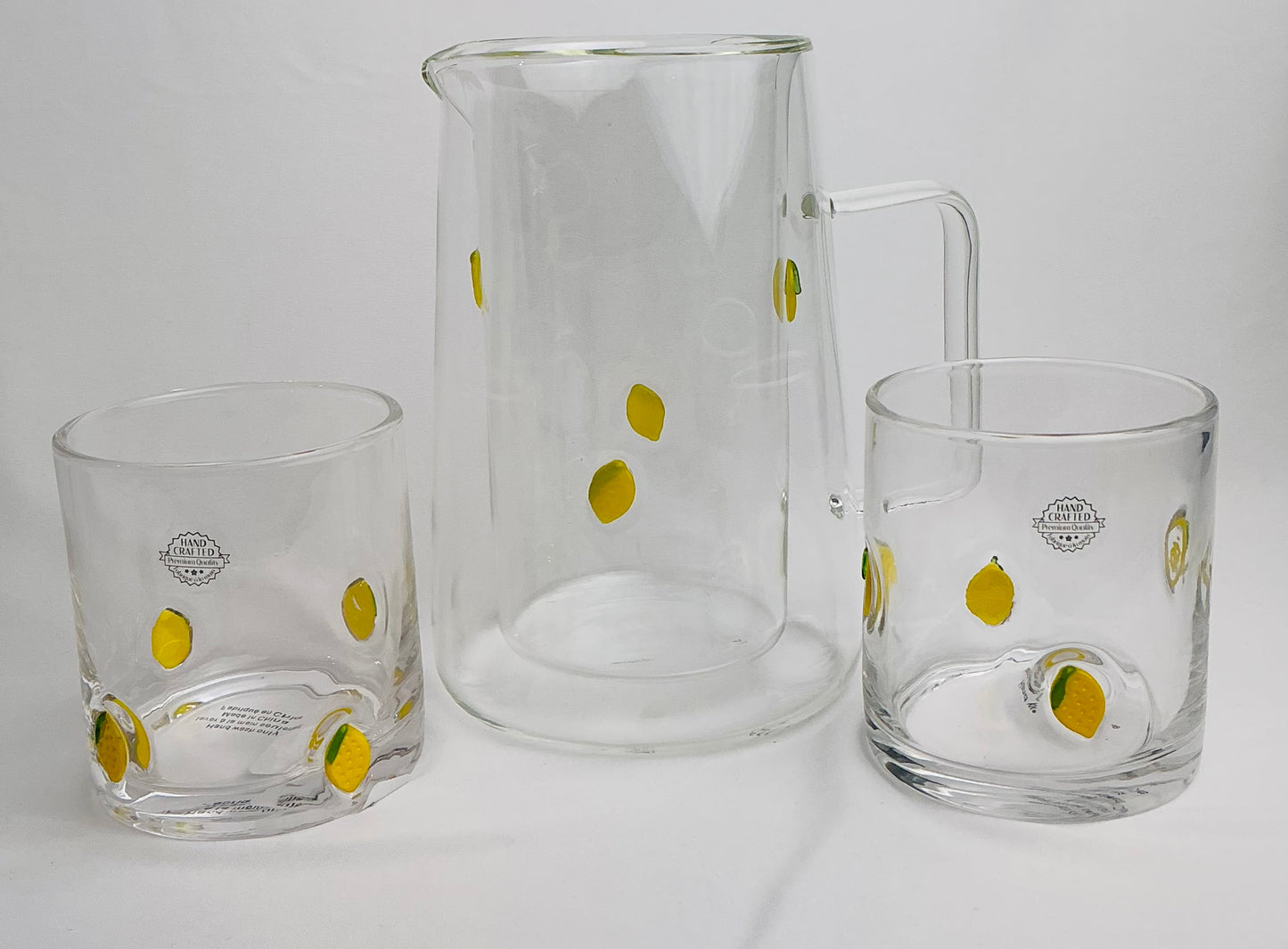 Anthropologie Dupe set of 3 including a Pitcher(7..75”)& 2 Tumblers lemon design, vintage