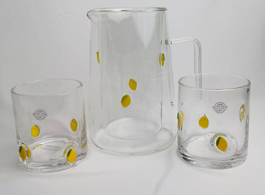 Anthropologie Dupe set of 3 including a Pitcher(7..75”)& 2 Tumblers lemon design, vintage