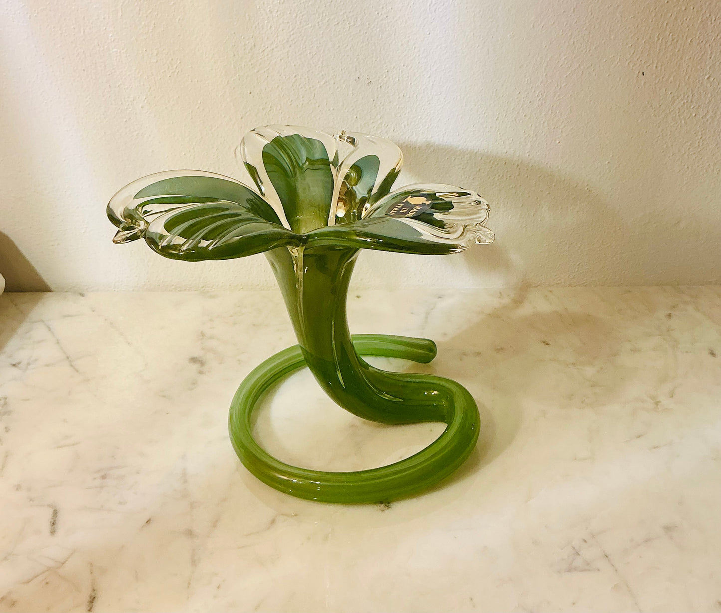 Murano Art Glass Green Stand Up Flower 6.6” Tall
