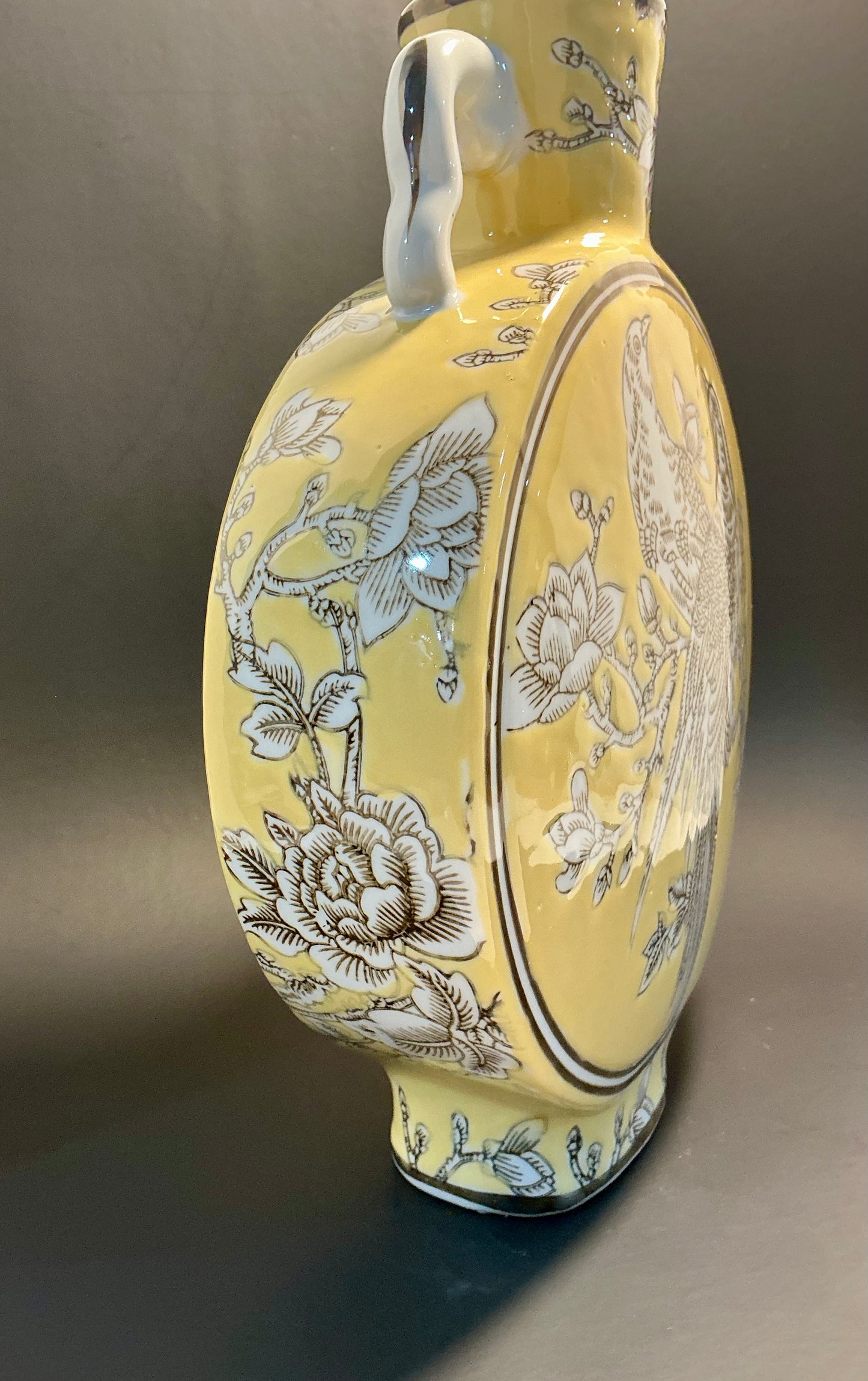 Three Hands Yellow Chinoiserie Bird & Floral Moon Flask Vase, double handled, hand painted vintage