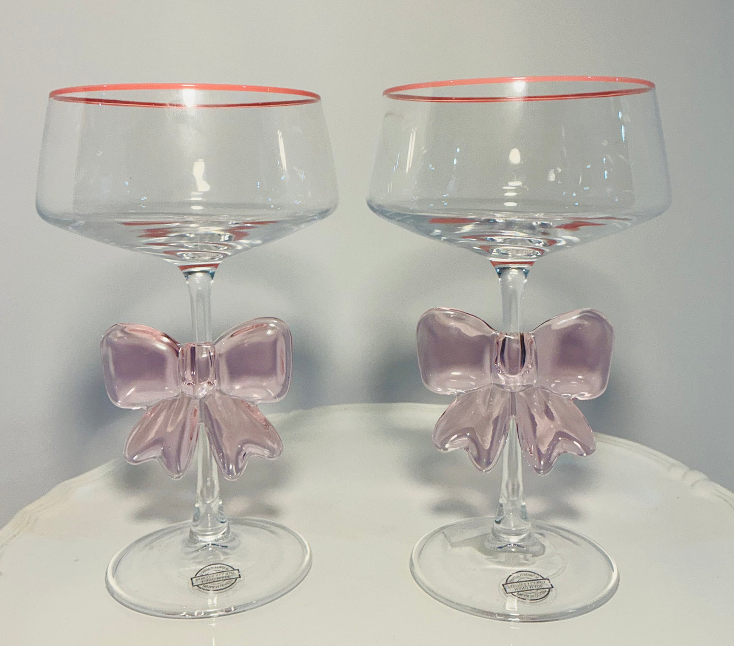 Set of 2 Coupe with Elegant Large Bow cocktail or Champagne Glasses 7” Tall