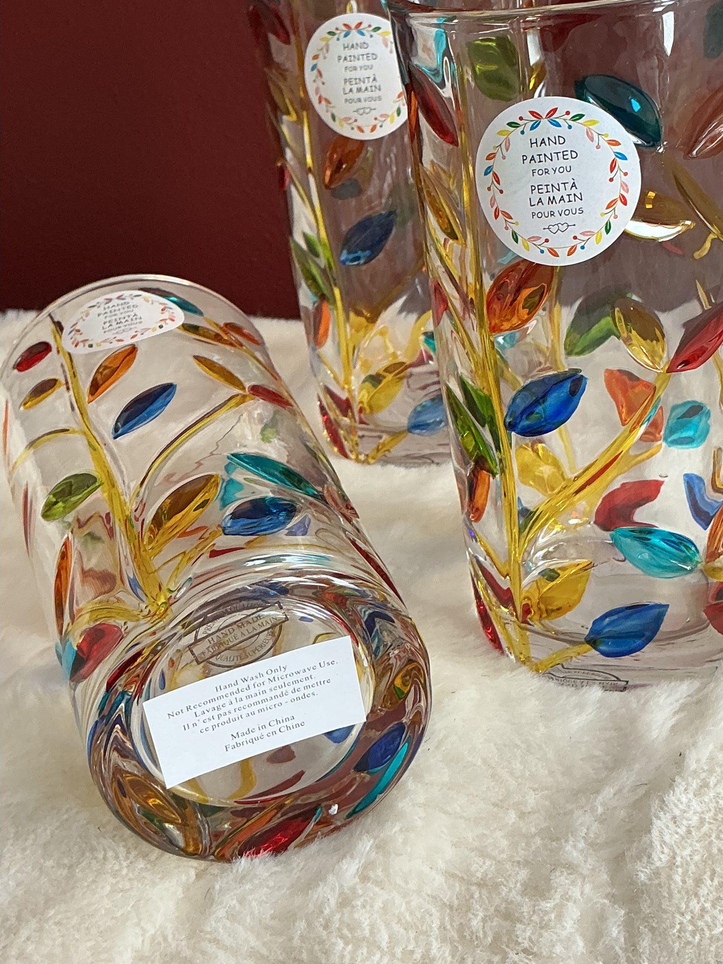 Milano Highball Glasses Set of 2 – Hand Painted Colorful Leaf Vine Design, New