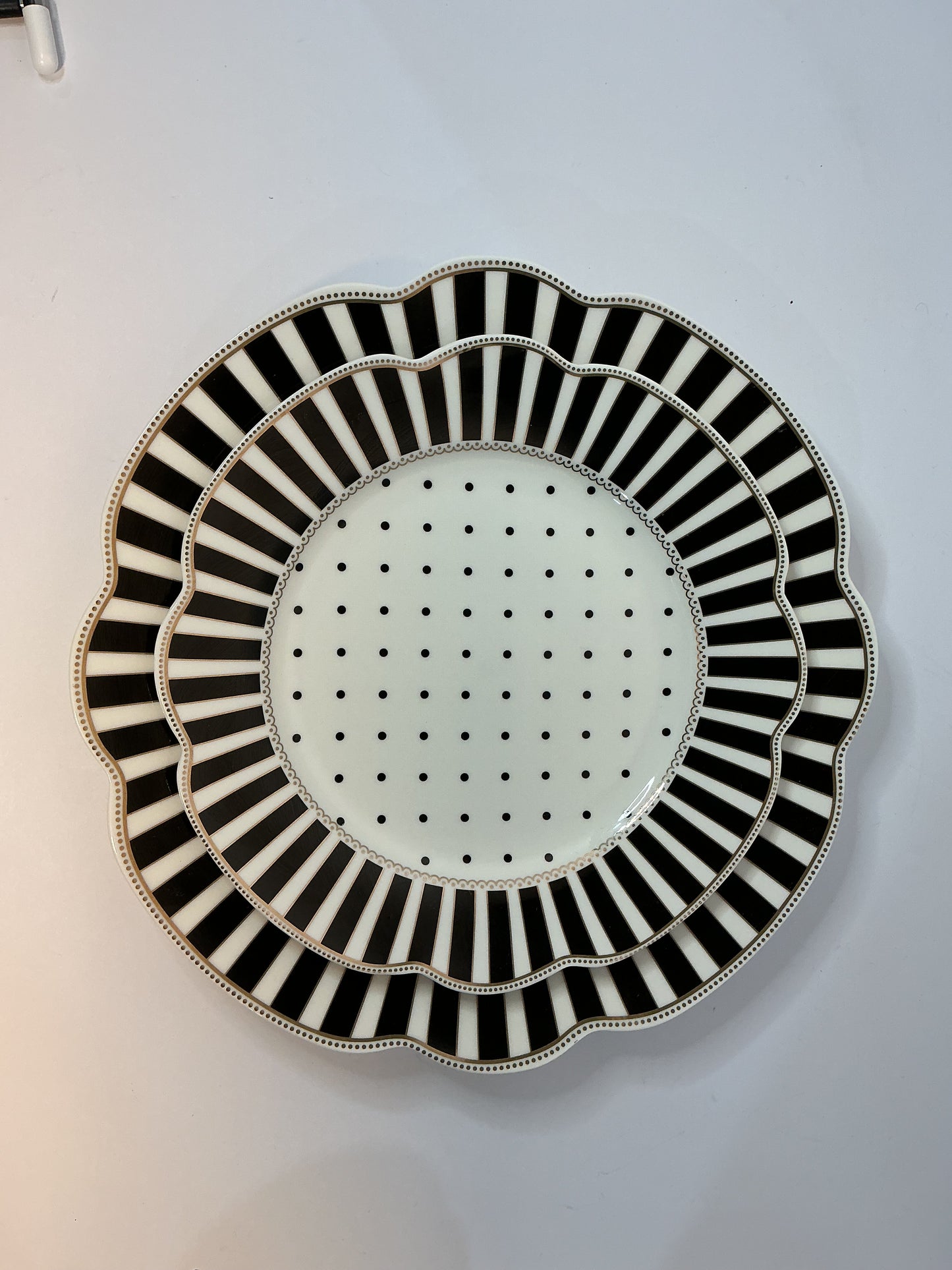 Grace’s Teaware Black & white Josephine Striped & Dots Collection, Set of 2 Plates ( 11” & 9”)