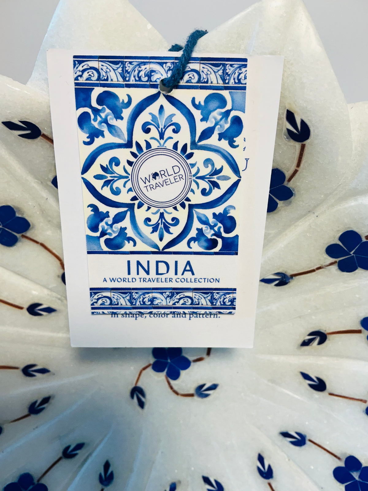 Lotus Inlay Marble Plate or Kamal Plate 9” Hand-Carved White Marble Bowl with Floral Lapis & Semi-Precious Stone Inlay Made in India
