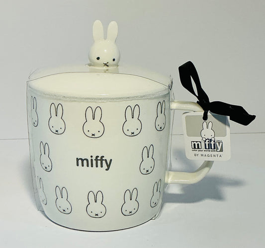 MIFFY By Magenta White and Gray Ceramics Bunny faces 4” Mug with lid , 16oz