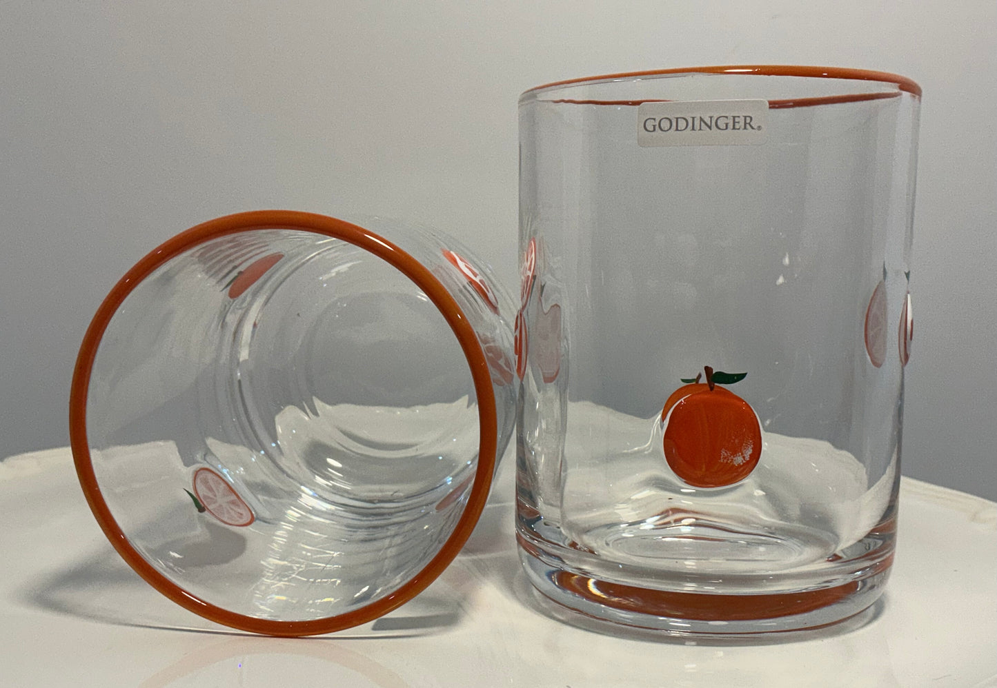 Godinger Icon Set of 2 Oranges themed designs Juice Glasses,hand blown